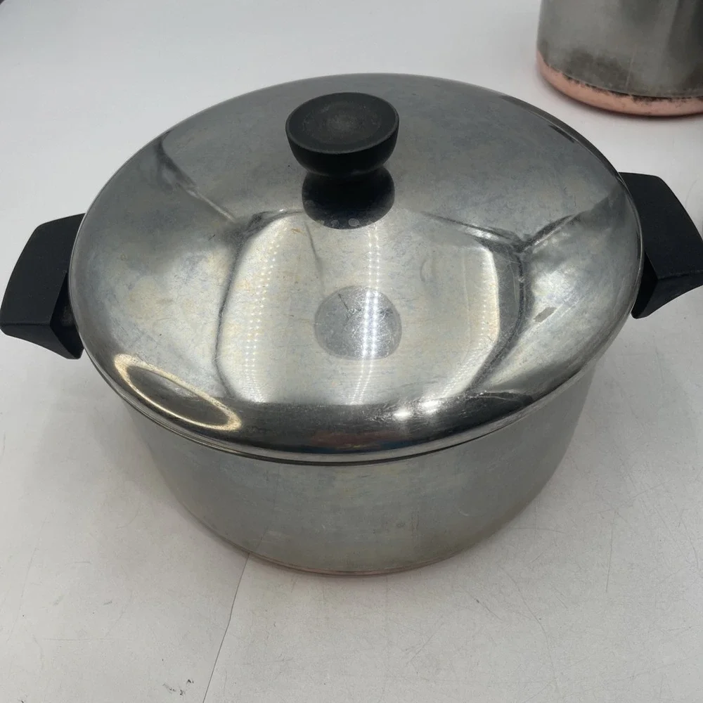 Vtg RevereWare Copper Bottom Saucepan Lot of 4 Pots+3 Lids 4qt 3qt 2qt 1qt-Clean